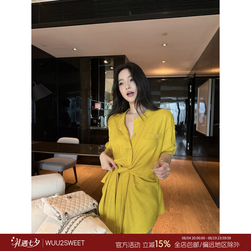 Wu Tai Tian Irregular Cross-Strap Linen Tencel Shirt for Women, Slimming Waist, Casual Versatile Elegant Blouse
