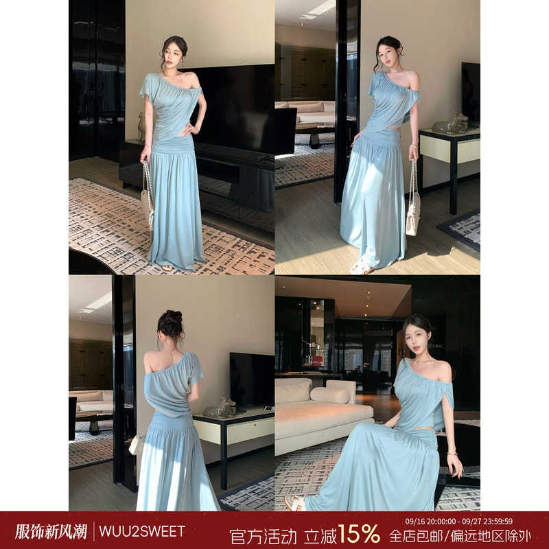 Wu Tai Tian Lyocell Asymmetrical Pleated Short Sleeve Top Women's Draped Comfortable Off-Shoulder Suit Dress Loose Two-Piece Set