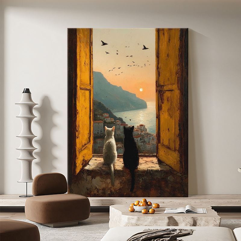 Cat on the Windowsill, Vintage Living Room, Sunrise Seascape Decorative Painting, Hand-Painted Oil Painting, American-Style Bedroom Hanging Painting, Entrance Art Painting