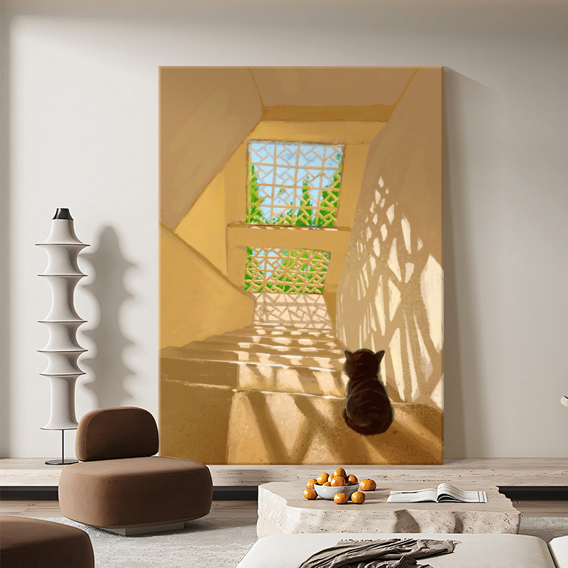 Spatial Light and Shadow Art Decorative Painting for Living Room, Vintage Hand-Painted Oil Painting of a Cat, French-Style Sofa Hanging Painting, Niche Entryway Art