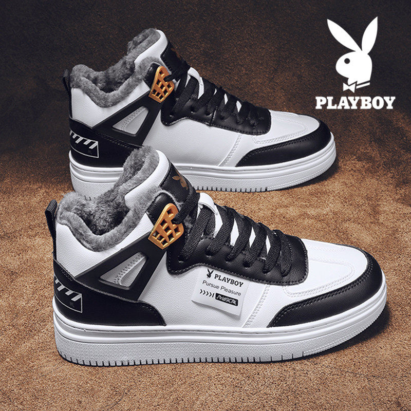 Flowers Playboy men's shoes Winter aj medium-high cylinder Leisure 100 hitch sports board shoes Northeastern plus suede thickened thermal cotton shoes
