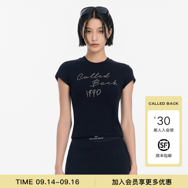 Called Back Black Short-Sleeved T-Shirt for Women, 2026 Autumn New Style, Rhinestone Embellished, Slim Fit, Versatile Design Top