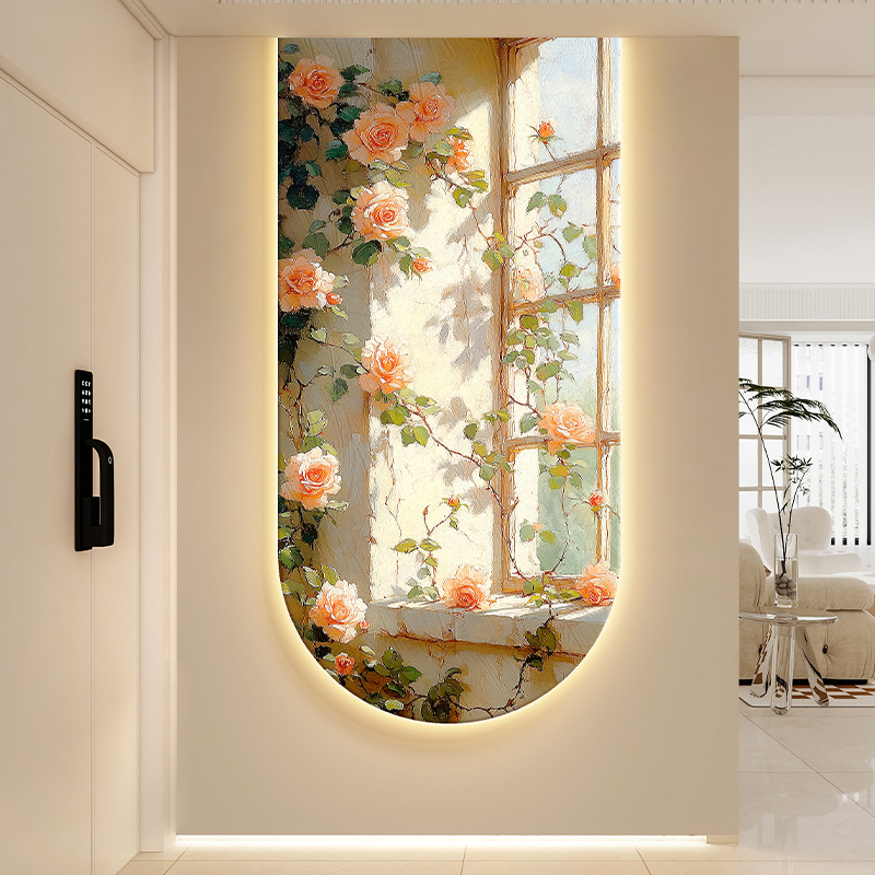 Cream-Colored Rose Floral Decorative Painting for the Entrance, Fake Window, Corridor, Hallway Hanging Painting, Arched Entrance Door with Lighted Mural Cream-Colored Rose Floral Decorative Painting for the Entrance, Fake Window, Corridor, Hallway Hanging Painting, Arched Entrance Door with Lighted Mural