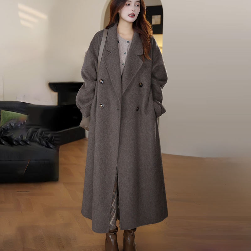 Brown Double-Sided Cashmere Coat for Women 2026 Autumn and Winter New Korean Style Lazy Mid-Length Woolen High-End Coat Brown Double-Sided Cashmere Coat for Women 2026 Autumn and Winter New Korean Style Lazy Mid-Length Woolen High-End Coat
