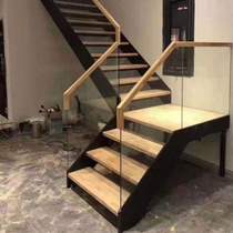 Stair handrail double glass {household double-layer solid wood step custom indoor double beam straight beam attic steel wood guardrail