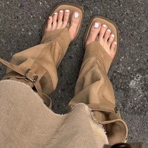 Belle open-toe herringbone boots with increased suede leather pile boots for spring and summer new two-wear trouser boots and sandals