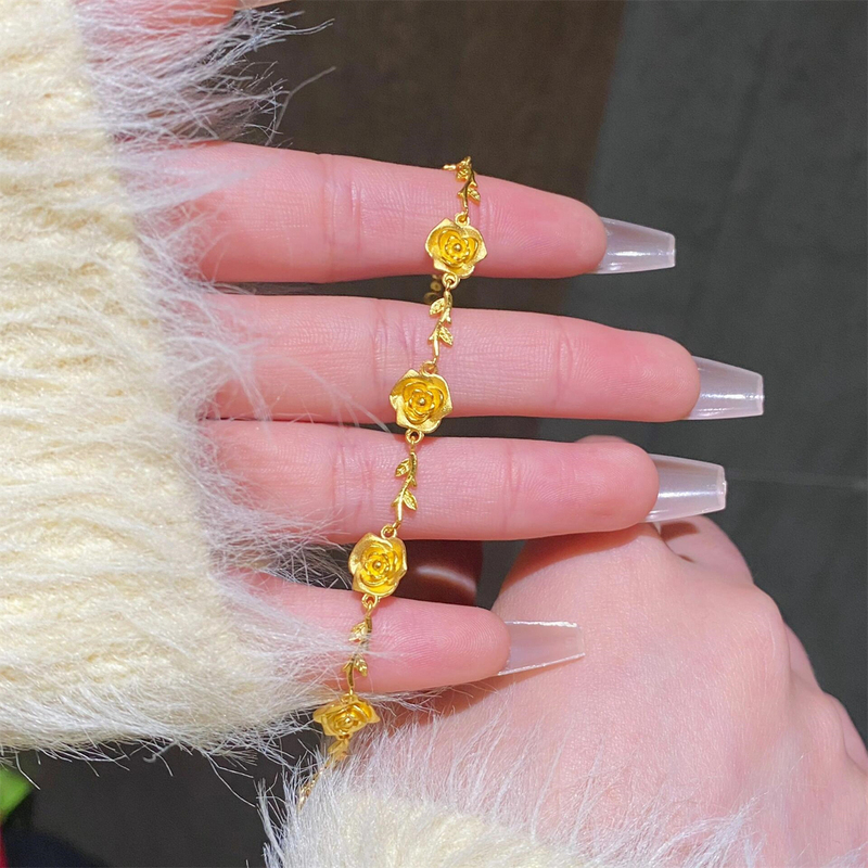Romantic Retro Floral Rose Bracelet for Women, 18K Gold-Plated, Chinese Style, Non-Fading, High-End Wedding Jewelry