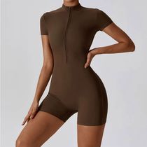 Yoga Set Womens One-Piece Suit Zipper Short Sleeve Gym Push