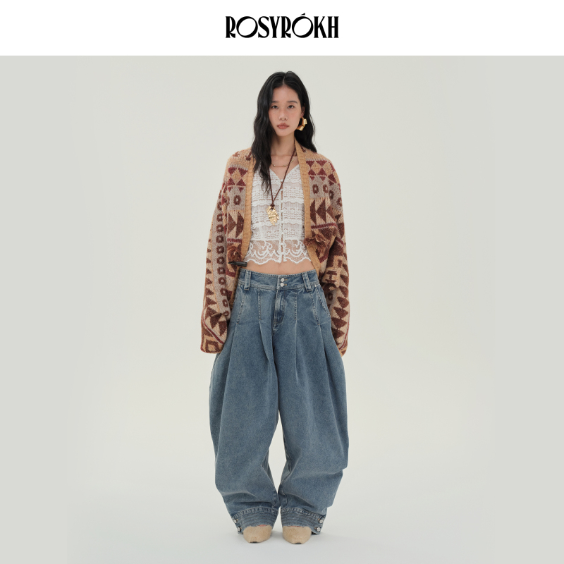 Rosyrokh Original Design 25Aw Retro Ethnic Style Jacket Long-Sleeved Loose Lazy Sweater Colorful Knitted Sweater Rosyrokh Original Design 25Aw Retro Ethnic Style Jacket Long-Sleeved Loose Lazy Sweater Colorful Knitted Sweater