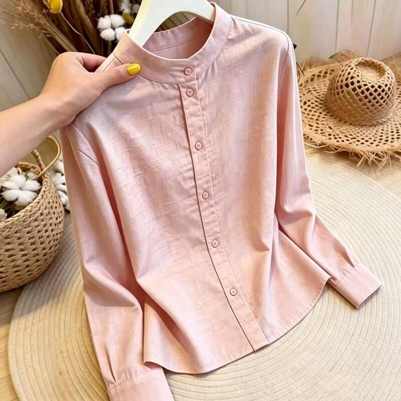 Early Autumn New Style Simple Solid Color Casual Long-Sleeve Shirt for Women, Stylish and Slimming, Versatile and Elegant Design with a Stand-Up Collar