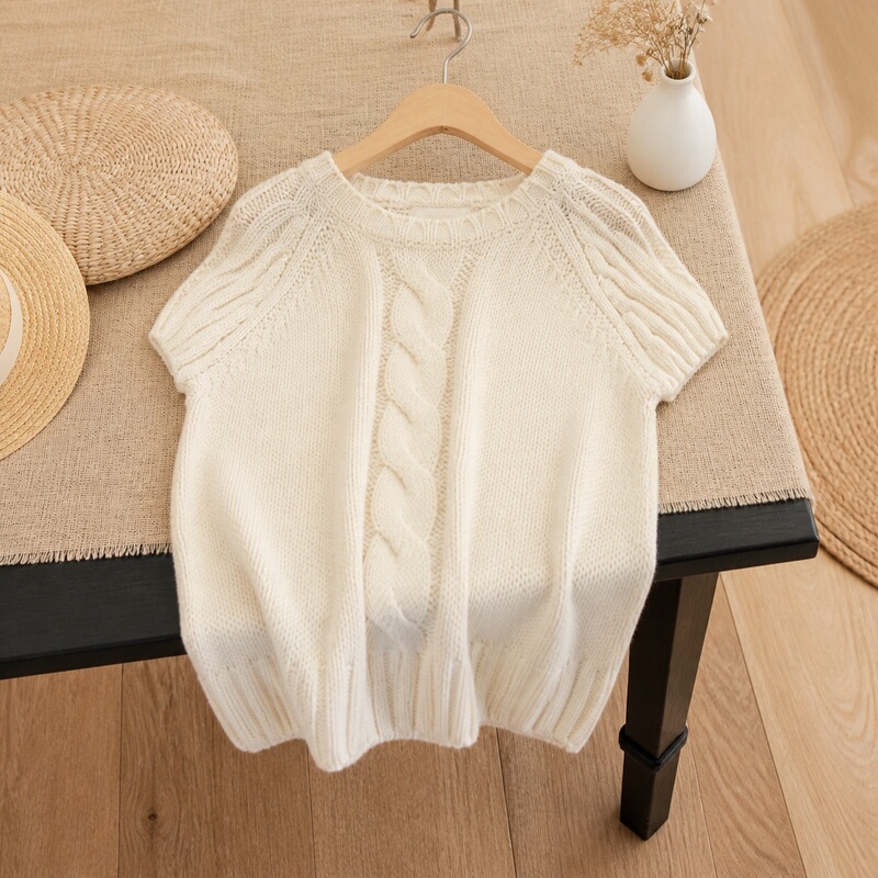 Knitted Sweater for Women, Early Autumn 2026, Off-White, Round Neck, Short Sleeves, Cable Knit, Loose, Soft, Sweet Sweater Knitted Sweater for Women, Early Autumn 2026, Off-White, Round Neck, Short Sleeves, Cable Knit, Loose, Soft, Sweet Sweater