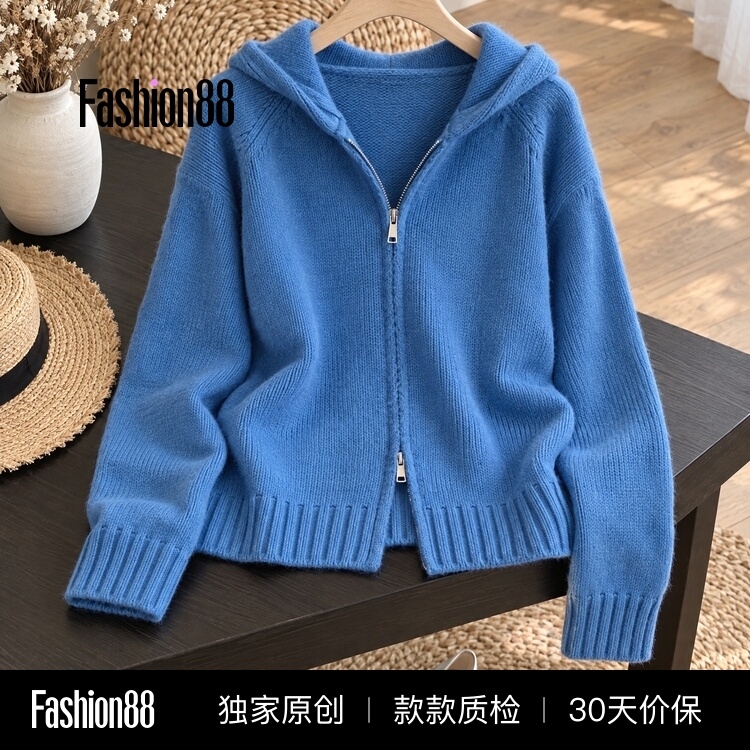 Women's 2026 Autumn Hooded Cardigan Jacket Long Sleeve Zipper Loose Knitted Sweater Casual Outerwear New Arrival