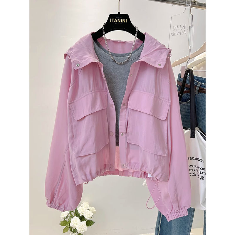 Pink Sun Protection Clothing for Women, Short Style, Korean Style, Loose Hooded, Thin Drawstring Sun Protection Jacket, Student Top