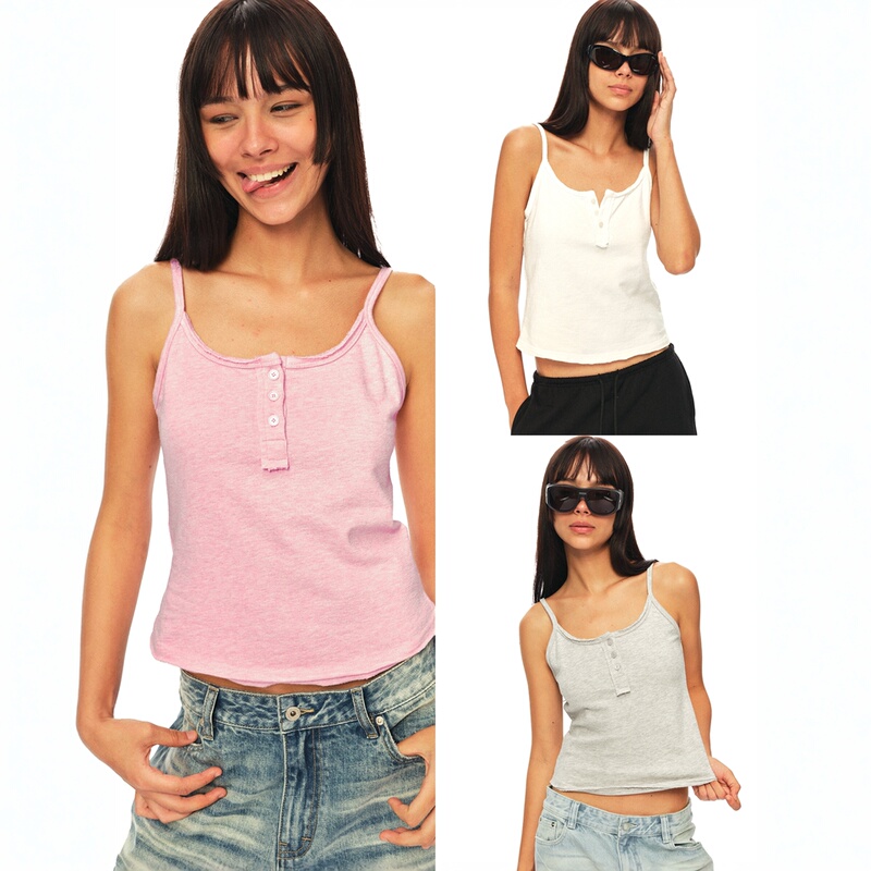 Two Little Guys* Linen Sweatshirt with Raw Edges and Henley Collar Camisole