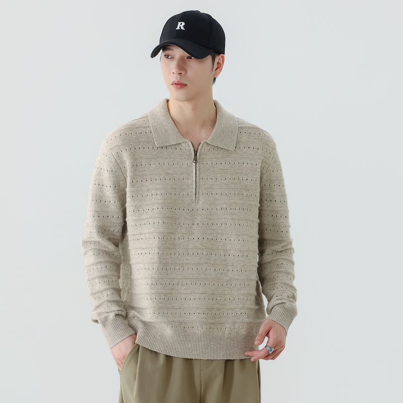 Retro Style Half-Zip Polo Shirt for Men, Long-Sleeved, Fitted Fit, Ribbed Cuffs, Oatmeal Color, Japanese Style, Hollow-Out Knit