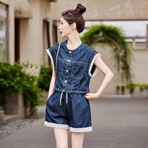 Retro lace round neck denim vest for women summer casual elastic waist shorts three-piece age-reducing set DY9239
