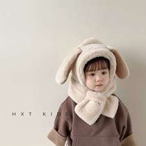 Childrens hat and scarf all-in-one set autumn and winter warm plush hat baby baby winter outdoor ear protection hat winter