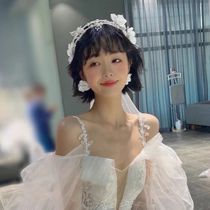 Ear hanging bridal headdress new bridal hair accessories Korean lace pearl handmade beaded headdress wedding dress accessories