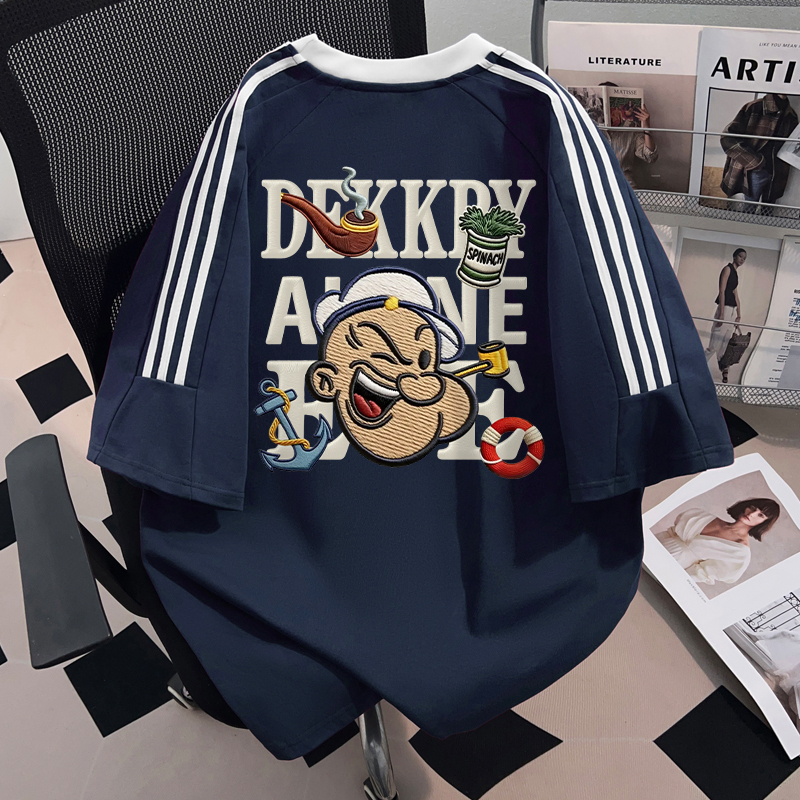 American-Style Fun Popeye Print Summer Three-Stripe Navy Blue Pure Cotton T-Shirt for Men and Women, Couple Wear, Short-Sleeved Top American-Style Fun Popeye Print Summer Three-Stripe Navy Blue Pure Cotton T-Shirt for Men and Women, Couple Wear, Short-Sleeved Top