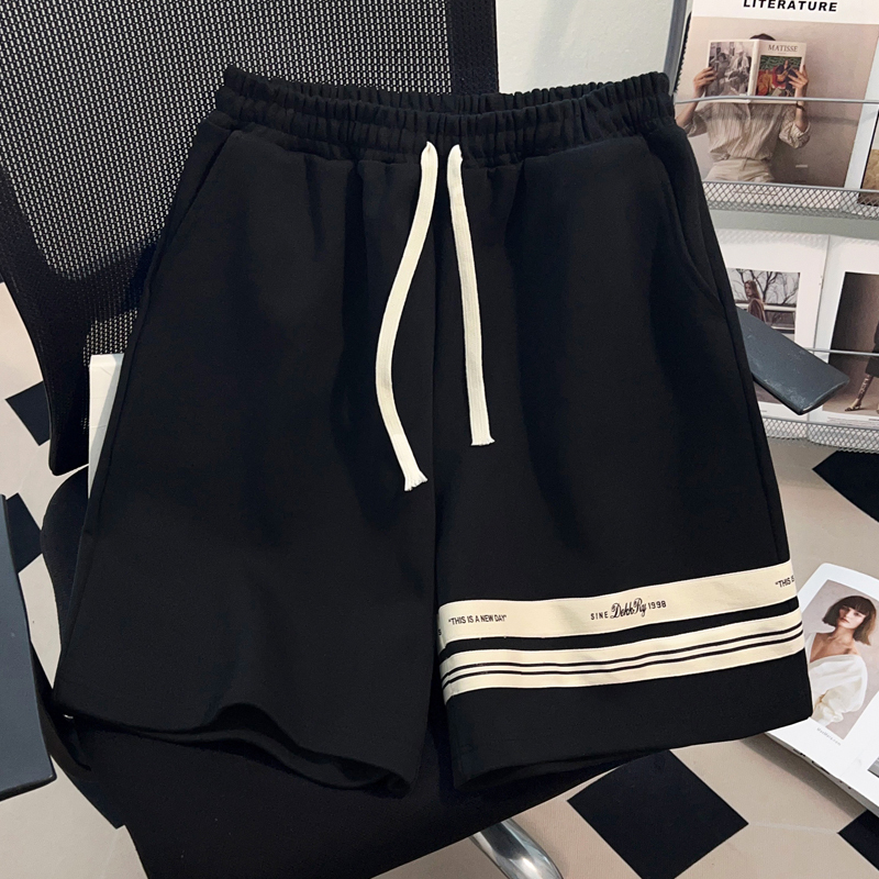 Summer Cool Black Striped Hem Pants American Style Solid Color Street Shorts Unisex Student Couple Outfit Knee-Length Shorts