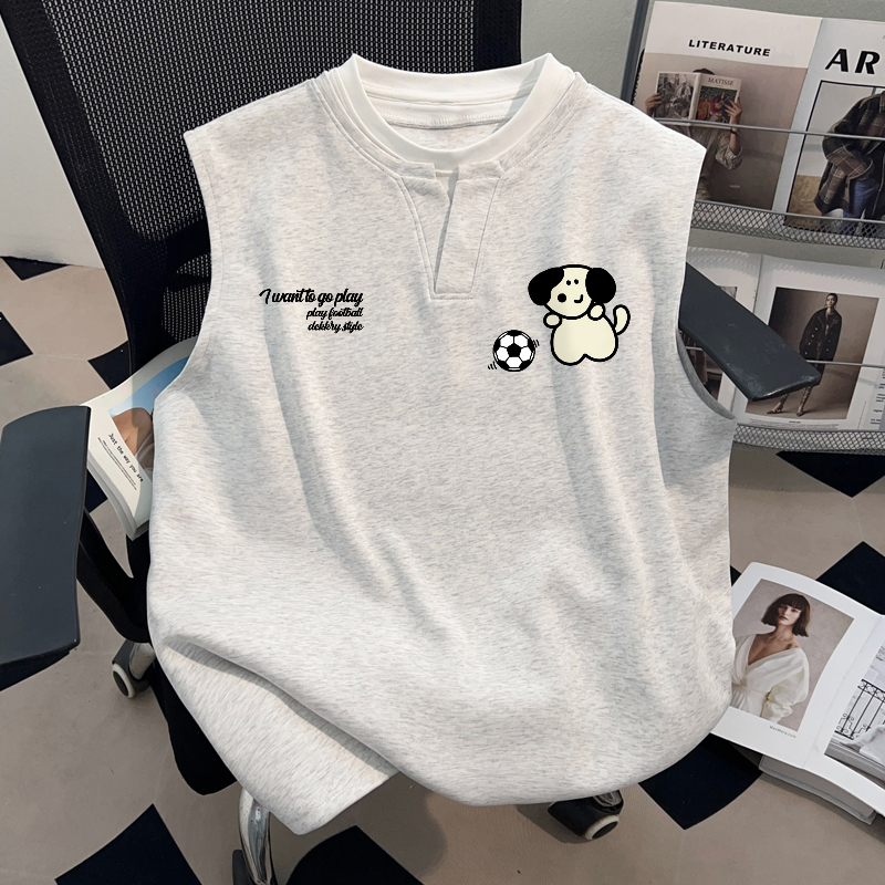 American-Style Trendy Brand Football Puppy Print Summer White and Gray Sleeveless Vest Unisex Couple's Pure Cotton T-Shirt Top