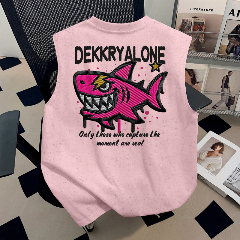 American-Style Fashion Summer Pure Cotton ins Unisex Niche Couple Outfit Trendy Brand Cartoon T-Shirt Pink Batik Sleeveless Vest