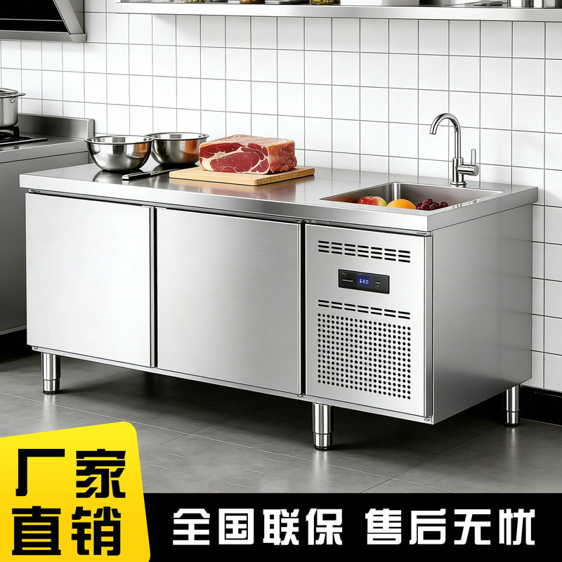 Refrigerated Workbench with Sink, Commercial Refrigerator Workbench, Stainless Steel Preservation Counter, Integrated Sink for Milk Tea Shop