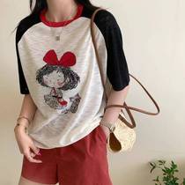 Summer round neck raglan sleeve cartoon girl jacquard versatile 16-needle ultra-fine bamboo linen knitted short-sleeved womens T-shirt