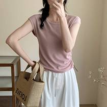 Summer womens new breathable casual waist drawstring slimming round neck solid color linen T-shirt Tencel short-sleeved T-shirt