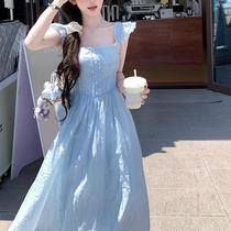 24 ss Mermaid Girl Floating Blue Small Flying Sleeves French Square Neck Gentle Tencel Dress Long Skirt A-Line Skirt