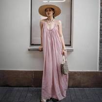 MD new summer product French casual romantic holiday style pink gathered V-neck suspender dress 06678102902