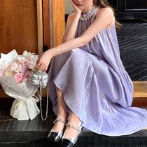 French socialite pearl collar pearl satin dress purple high-JI halter neck long dress birthday gift dress 2024