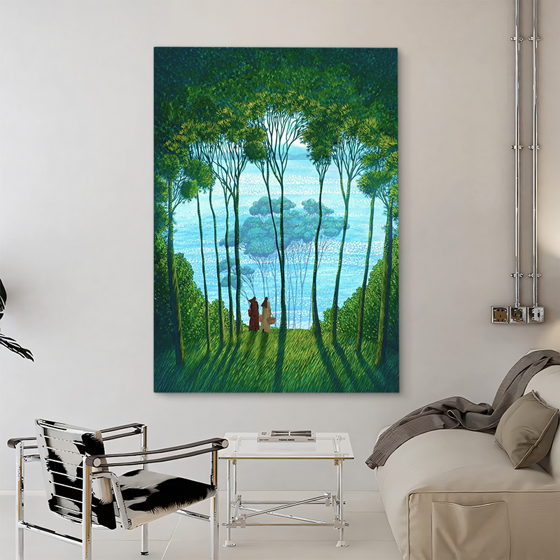Nordic Bauhaus Hand-Painted Oil Painting Niche Bedroom Decorative Painting Fresh Green Forest Seascape Entrance Hall Living Room Hanging Painting