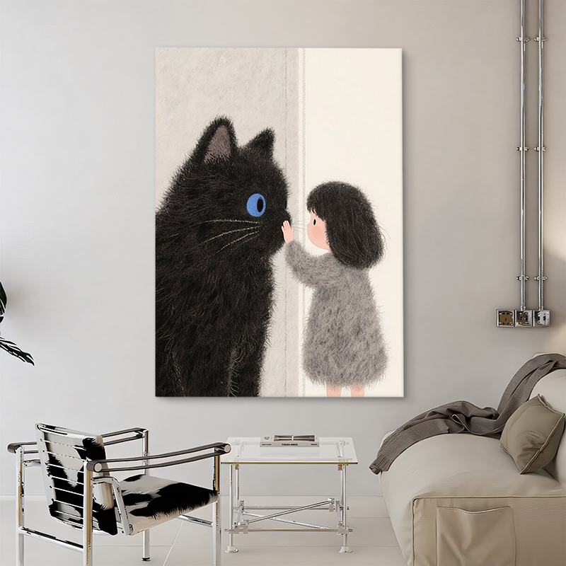 Minimalist Style Living Room Hand-Painted Oil Painting with a Girl and a Cat, Gray Tone High-End Bedroom Decorative Painting, Niche Wall Art