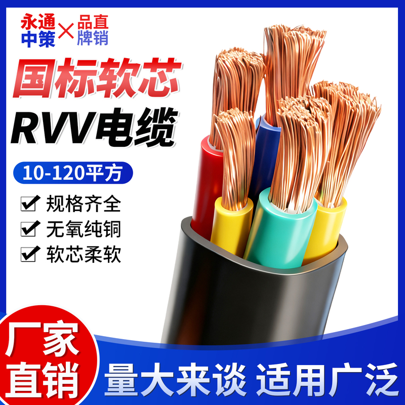 Rvv National Standard Multi-Core Flexible Cable 2 3 4 5 Core 10 16 25 35 50 Square Copper Core 3-Phase 4 Engineering Cable Rvv National Standard Multi-Core Flexible Cable 2 3 4 5 Core 10 16 25 35 50 Square Copper Core 3-Phase 4 Engineering Cable