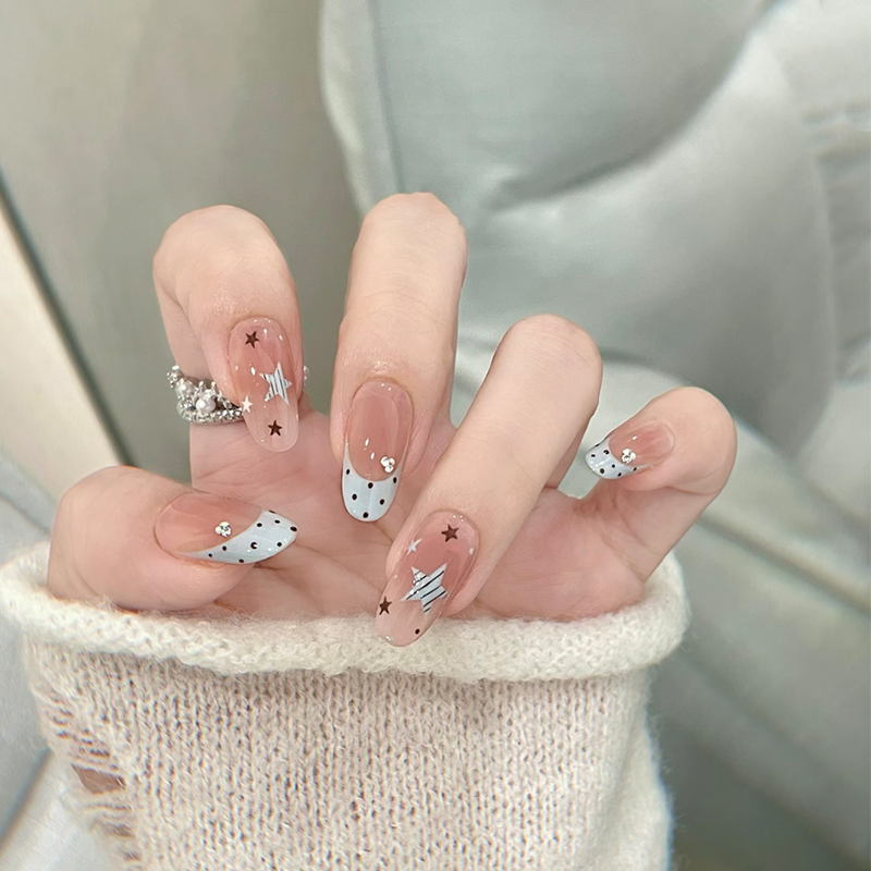 Mint Star Blue Handmade Wearable Nails Summer Polka Dot Stars Brightening Complexion Energetic Ins Style Medium-Long Detachable Nail Art