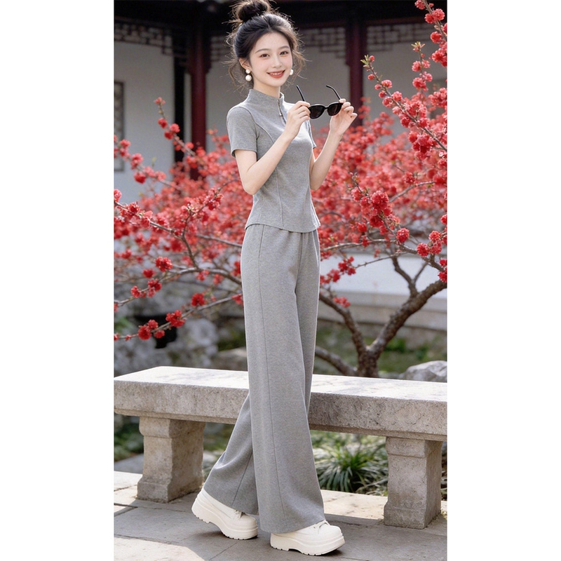 Right-Shoulder Short-Sleeved Wide-Leg Pants Slim-Fit Two-Piece Women's Set 2026 Summer High-End Casual Sportswear Suit