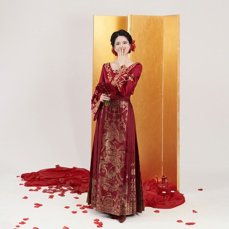 Zhu Lian Bi He Weaving Company's Original Ming-Style Hanfu Wedding Dress, Red Modified Mamian Skirt-Piece Set, Toast Dress, Bride's Dress