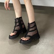 2024 summer thong toe mesh hollow waterproof platform thick sole thick heel high heel Roman sandals sandals for women