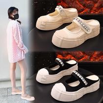 Canvas slippers for women 2023 summer new thick-soled Baotou half-slip Velcro all-match slippers casual flat-soled womens shoes