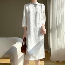 Stand collar Chinese style retro printed diagonal button design spring and summer new womens silky satin mid-length half-sleeved dress