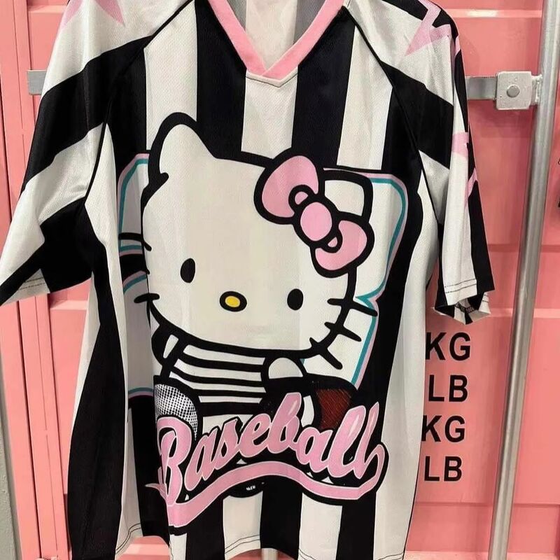 Hello Kitty T-Shirt Cartoon Sportswear for Boys and Girls V-Neck Loose Casual Versatile Short-Sleeved Loose Top