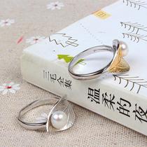 Korean version s925 silver ring for women pearl leaf open ring small fresh and sweet leaf ring tail ring