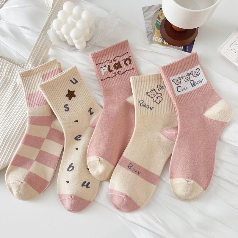 Women's Mid-Calf Socks, Korean Style, Cute Pink Letter Bear Design, Autumn, Spring, Summer, High-Top Mid-Calf Socks, Women's Socks