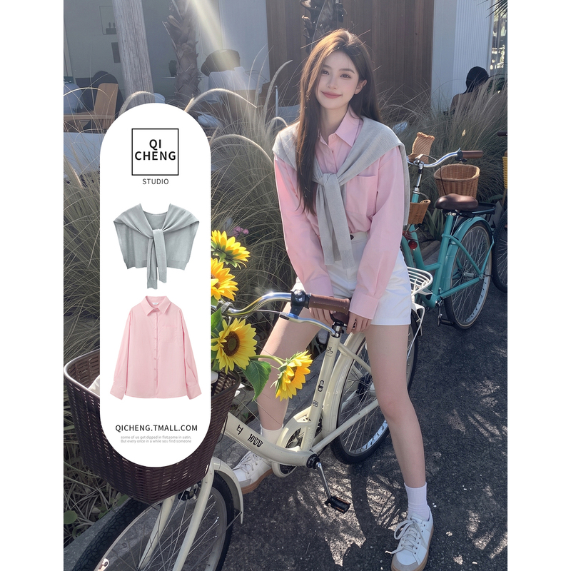 Pink Shirt Jacket for Women 2026 New Autumn Pure Cotton Shirt Long-Sleeved Loose Thin Top Knitted Shawl Outerwear