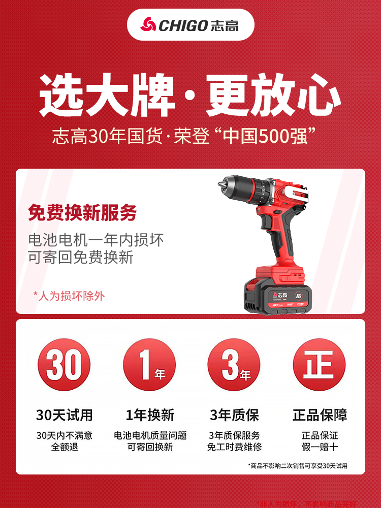 Chigo 13mm Ratchet Chuck Electric Drill Pure Copper Brushless High Torque Drilling Multifunctional Electric Screwdriver