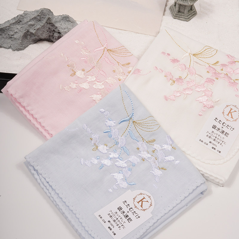 Embroidered Pure Cotton Lily of the Valley Double-Layer High-Thread-Count Soft Sweat-Absorbent Pocket Handkerchief, All-Cotton Begonia Flower Vintage Sweat-Wiping Handkerchief
