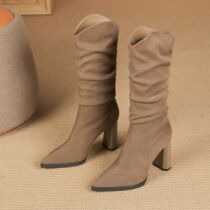 French retro brown pile boots cowboy boots autumn and winter mid-calf boots for women pointed toe thick heels high heels over the knee elastic boots