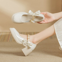 French Mary Jane womens shoes shallow mouth round toe small thick sole bow niche thick heel tall high-heeled shoes