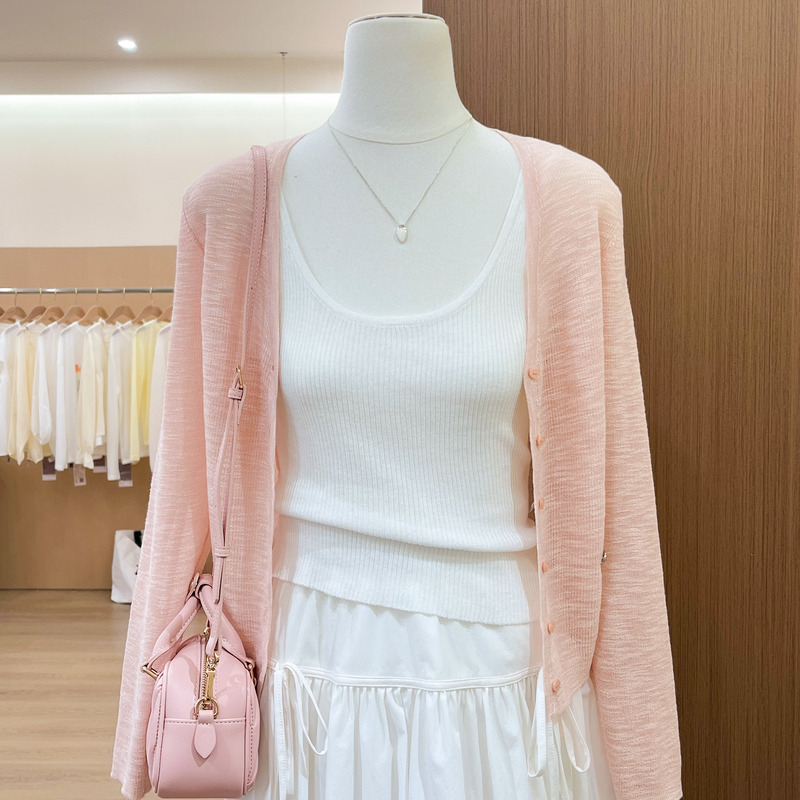 Pink Gentle Knit Cardigan for Women, Summer Sun Protection Outerwear, Short Button-Up Casual Long-Sleeve Relaxed Air-Conditioning Shirt Top Pink Gentle Knit Cardigan for Women, Summer Sun Protection Outerwear, Short Button-Up Casual Long-Sleeve Relaxed Air-Conditioning Shirt Top